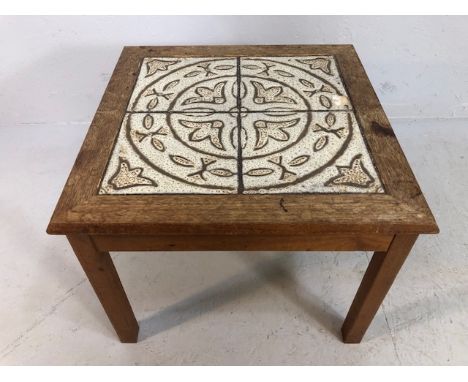 Mid century square Scandinavian occasional table with cream and brown tile inlaid top approximately 52 x 52 x 40cm
