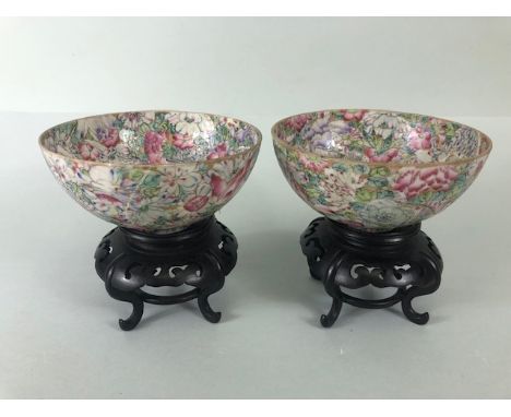 Oriental Ceramics, pair of Chinese egg shell porcelain bowls with multicolour  millefleurs decoration blue Qianlon seal to th