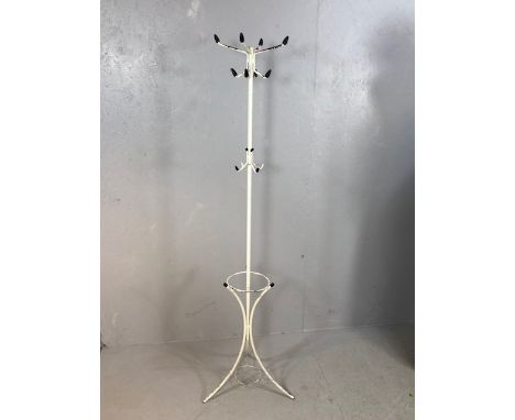 Vintage and retro, mid century 1960s tubular steel sectional coat and hat stand, white finish wit black acorn knobs approxima