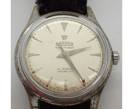 Gents vintage Protopower 21 jewel automatic stainless steel Roamer wristwatch on leather strap  CONDITION REPORT: Working at 