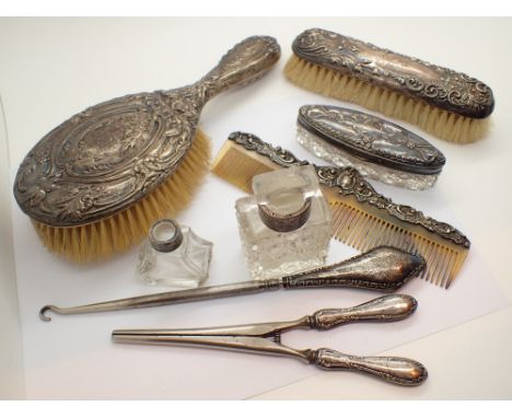 Quantity of hallmarked silver items hairbrushes comb trinket pot perfume bottle glove stretchers button fastener various assa