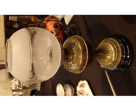 Large Victorian brass and ebony based oil lamp with glass shade and chimney 