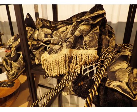 Pair of heavy brocade curtains and tie backs