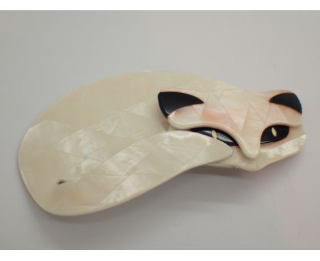 Vintage Lea Stein Gomina cat brooch marbled white diamond design with black eyes and ears signed to reverse Lea Stein Paris 