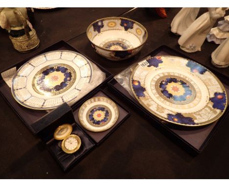 Royal Worcester two Millenium celebration plates with matching fruit bowl pin dish and clock 
