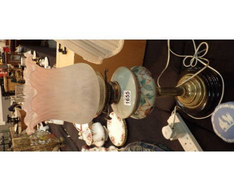 Large victorian brass and ebony based oil lamp with ceramic hand painted reservoir glass shade and chimney 