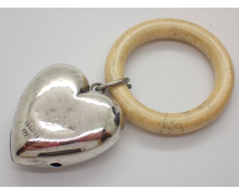 Bone teething ring and 925 silver heart rattle 