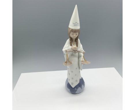 Glossy figure of a girl holding a scale, wearing a hat with the Libra symbol and standing on a globe that is marked Libra. Ll