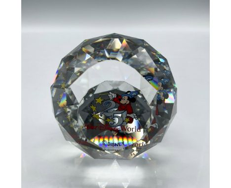 Faceted crystal order with colorful Mickey and 25 Year celebration. Swarovski mark. This item has its original box: 4"L x 4"W