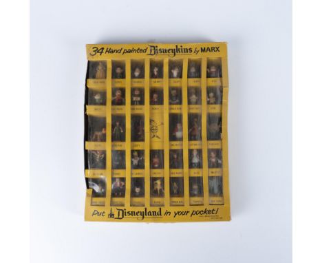 34 hand painted plastic miniature figures representing various Disney characters. Each figure is displayed in original Marx T