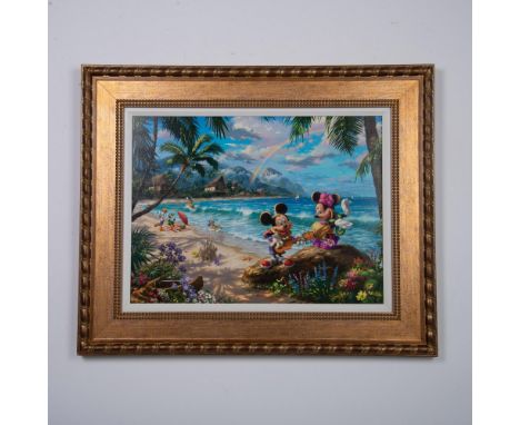 Original hand-embellished limited edition color giclee on canvas entitled Mickey and Minnie in Hawaii, Passport to Adventure,