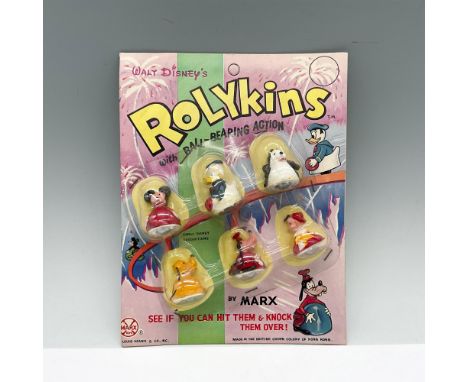 6 hand painted plastic toys that rolls on ball-bearings. The 6 are based on Disney's characters: Mickey Mouse, Donald Duck, C