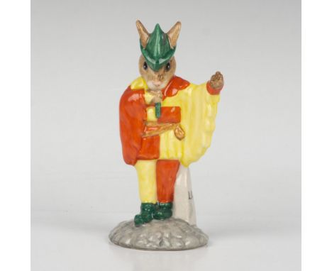 A medieval entertainer putting on a performance. Dressed in red, yellow, and green. Royal Doulton backstamp. Artist: K. Curti