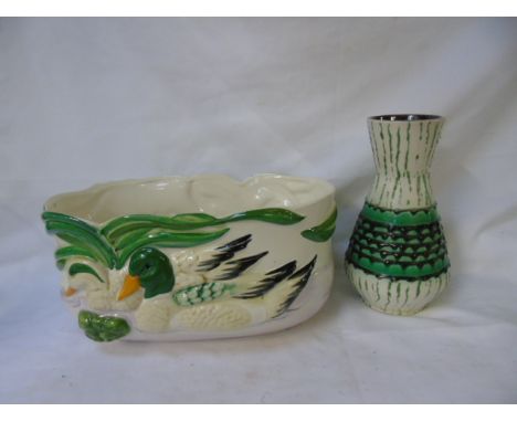 BOX OF ART GLASS, ART POTTERY VASE AND PLANTER