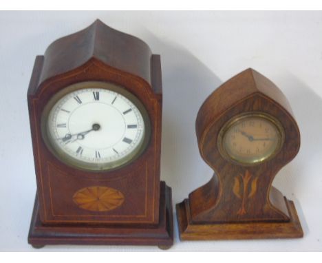 ANTIQUE MAHOGANY CASED INLAID MANTLE CLOCK TOGETHER WITH AN OAK CASED INLAID ART NOUVEAU BEDROOM CLOCK