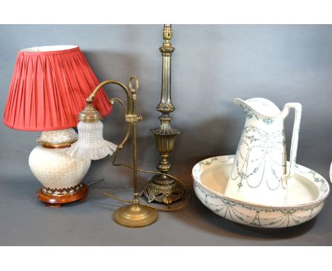 A Brass Adjustable Table Lamp with opaque glass shade together with two other table lamps and a Victorian jug and bowl 