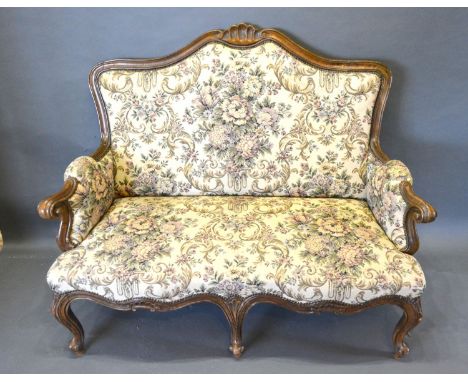 A Late 19th Early 20th Century French Salon Sofa, the shaped back above a similar seat with scroll arms raised upon cabriole 