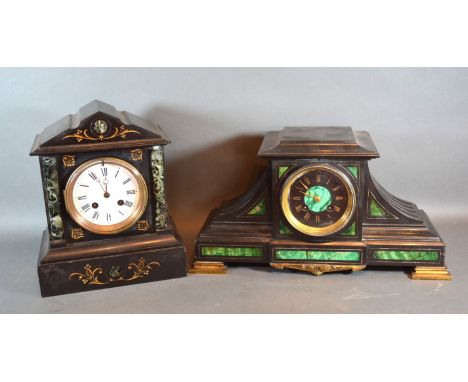 A Victorian black slate and Malachite mantel clock together with another similar black slate mantel clock 