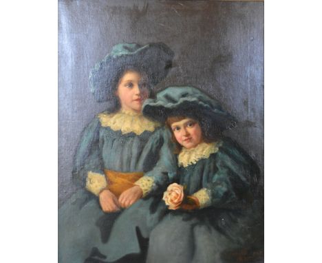 J. Proschwitzky, portrait of two young girls wearing blue dresses and bonnets with lace collars, oil on canvas, signed and da