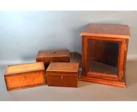 A 19th century satinwood inlaid rectangular tea caddy, together with two similar tea caddies and a collectors cabinet 