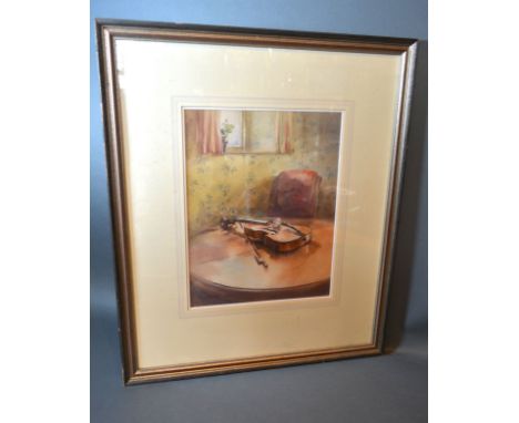 Gerry Ball, study of a violin upon a table within an interior, watercolour signed, 33cms x 25.5cms 