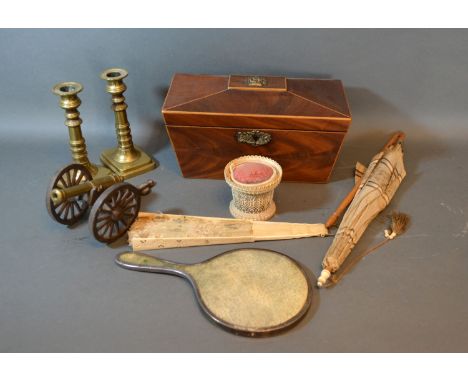 A 19th century mahogany tea caddy together with a 19th century fan and other items 
