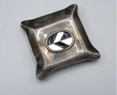 A London Silver Small Pin Tray of shaped design with enamel decorated central panel 7.5 cms square 