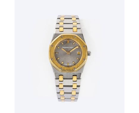 Audemars Piguet. Damen-Armbanduhr 'Royal Oak' Bicolor. Edelstahl / GG, Quarz. Graues geriffeltes Zifferblatt, goldfarbene lum