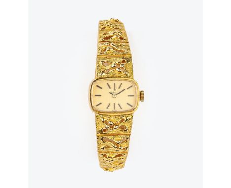 Ebel. Damen-Armbanduhr. 18 kt. GG, gest., Handaufzug. Goldfarbenes Zifferblatt, Zeiger und Indizes, bez. ' Ebel Swiss'. Verso