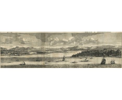 A rare and large antique print titled ‘Scutari – Serraglio di Constantinopoli’ by Corneille le Brun, offering a panoramic vie