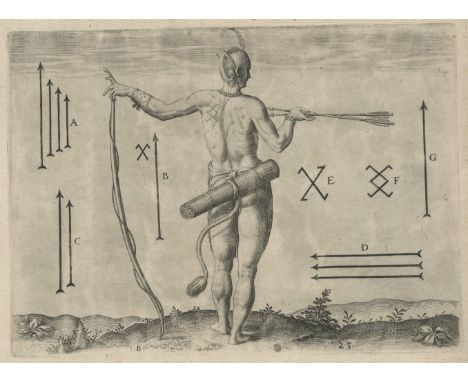 This fine engraving by Theodor de Bry presents a Native American man standing with a bow and arrow, holding a bundle of arrow