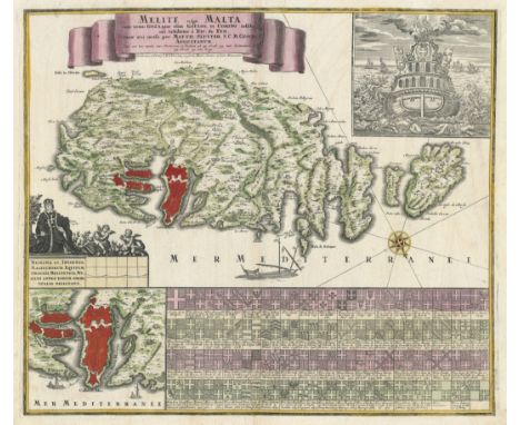 This striking 18th-century map, titled Melite vulgo Malta cum vicinis Goza, quae olim Gaulos, et Comino insulis, uti exhibetu