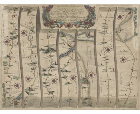 A highly detailed and historically significant Ogilby Road map from London to Holyhead, covering a distance of 87 miles. The 