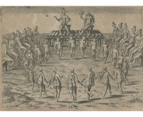 This captivating engraving by Theodor de Bry vividly portrays a ceremonial moment where the king receives the queen amidst an