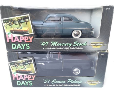 2 X American Muscle Happy Days Vehicles. A 49 Mercury Stock and a 57 Cameo Pickup. Both Boxed. 1:18 Scale.(2)