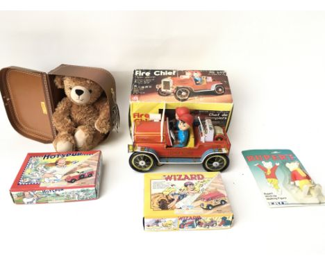 Lot containing tin plate fire chief car - Steiff bear - 2 corgi classics and a wind up Rupert bear.