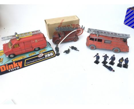 A Boxed Charbens Fire Engine (Playworn) with crew and 2 Dinky Fire Vehicles.