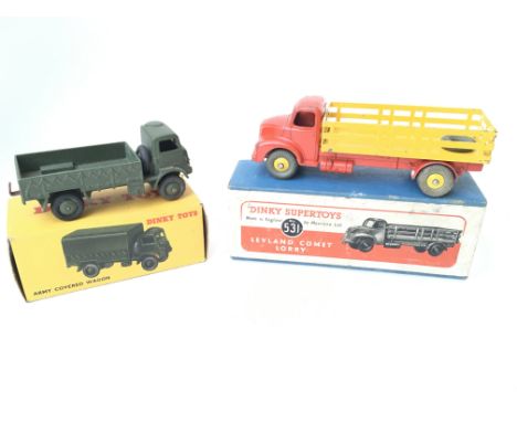 A Boxed Dinky Supertoys Leyland Comet Lorry (playworn) #531 and a Dinky Army Covered Wagon( cover missing)#623