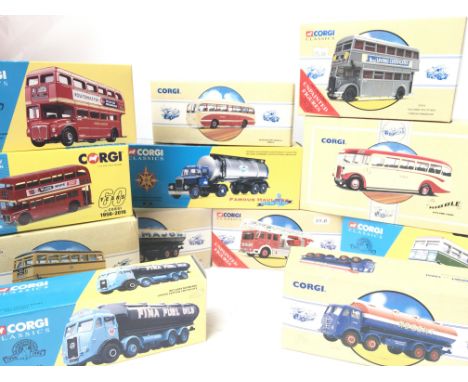 A Collection of Corgi Classic Vehicles including Lorryâ€™s.Buses and a Fire Engine.
