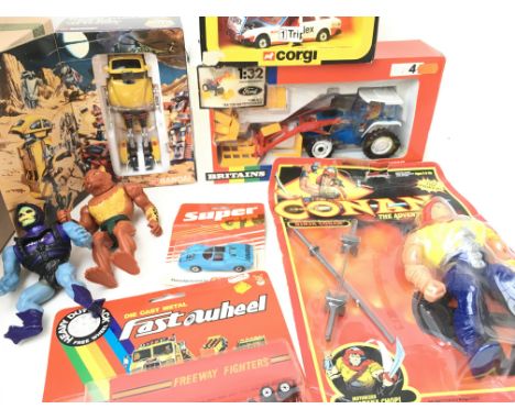 A Box Containing a Collection of various toys including a Boxed Bandai Go-Bot (Bug Bite).A Conan Figure(Carded) 2 He-man Figu