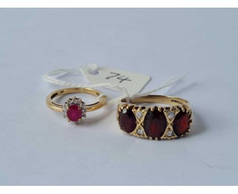 A ruby &amp; diamond 9ct ring and a a three stone 9ct garnet ring 5.3g inc