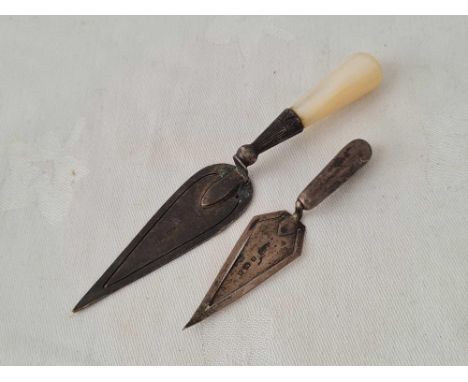 Two trowel shaped book marks, one with MOP handle, the other Birmingham 1900