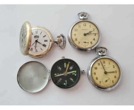 Two gents metal INGERSOLL pocket watches and one other and modern compass