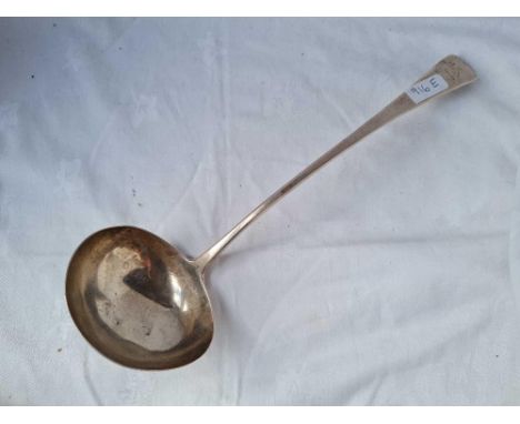 A large George III OE pattern soup ladle with crest, London 1900 by Eley and Fearn, 187g