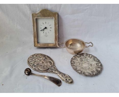 An arched top mounted clock, a tea strainer etc.,