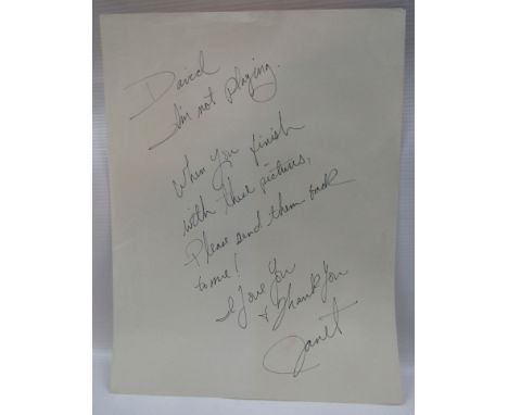 Janet Jackson eight line letter to David Gest signed Janet. Comes with a copy of a letter from David Gests Solicitor stating 