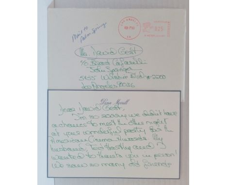 Dina Merrill (star of Operation Petticoat &amp; Butterfield 8)  handwritten note card and envelope with Elsa Martinelli (star