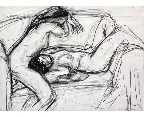 Karl WESCHKE (1925-2005) Two Women on Sofa, 1972 Charcoal on paper, signed and dated 1972, paper size 56 x 76.5cm, framed 71 