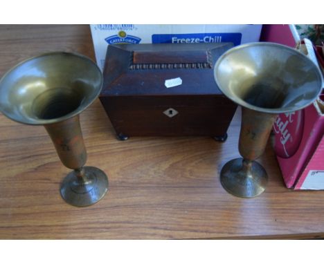 A 19th century rosewood tea caddy a/f, with two enamel brass vases