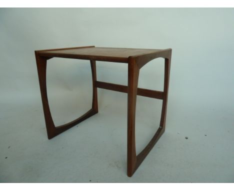 A mid century teak side table 54cm w x 42cm x 48cm h together with two small stools, a sewing box and a glass and metal coffe